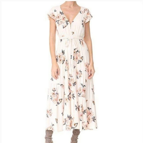 Free People Dresses & Skirts - Free people floral cream pink boho midi maxi dress waist tie, button up …